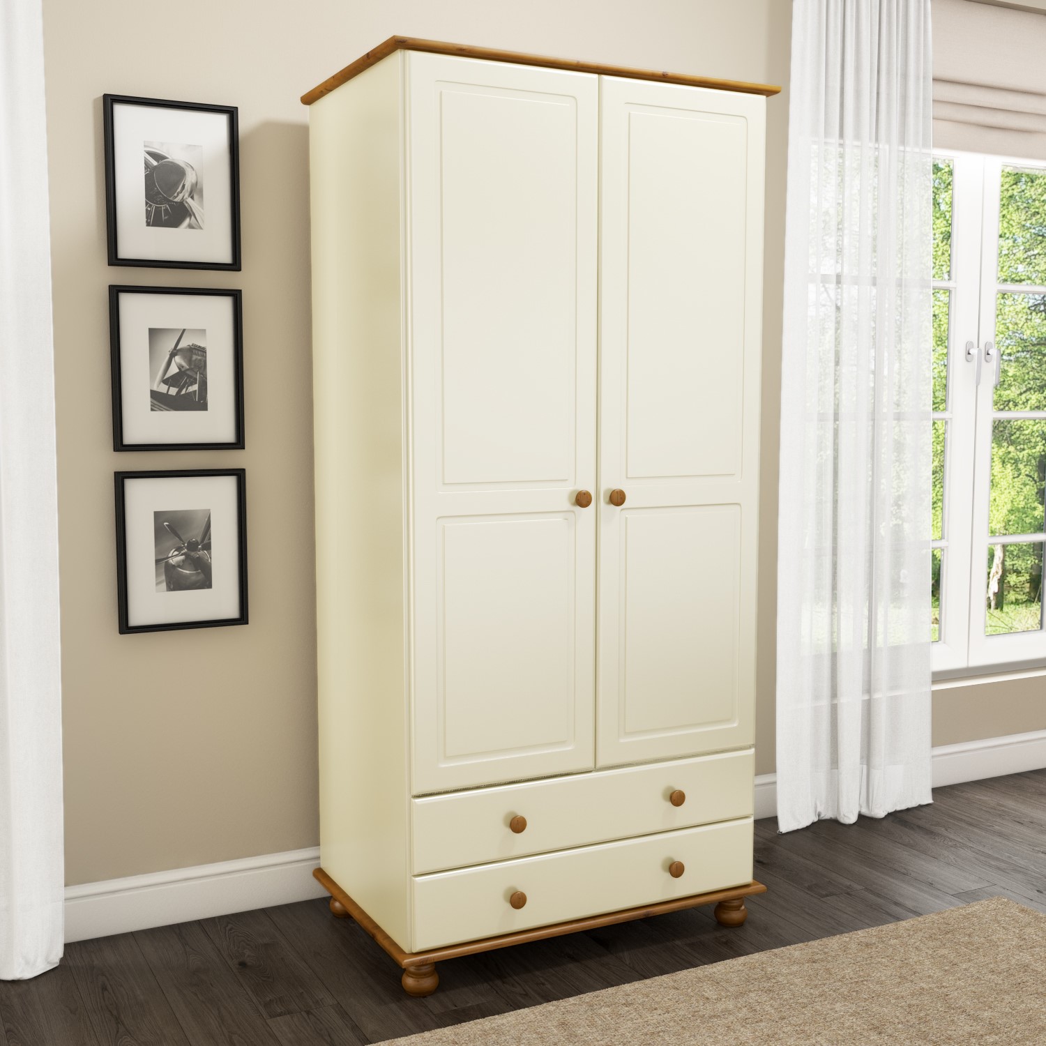 2 Door 2 Drawer Cream And Pine Wardrobe 5056096005776 Ebay