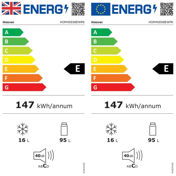 Refurbished Hoover 95 Litre Integrated Under Counter Fridge