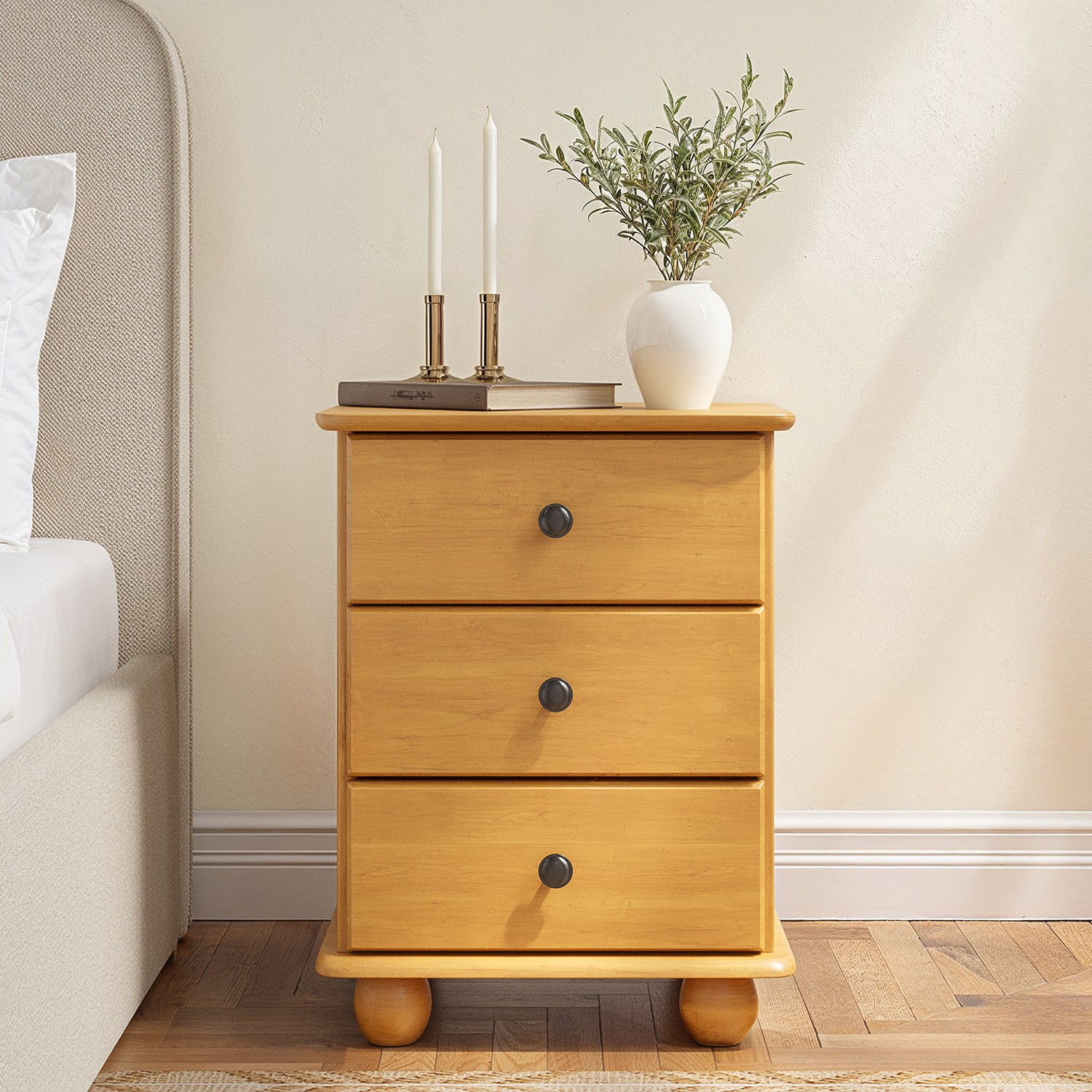 Pine 3 Drawer Bedside Table - Hampton HP...