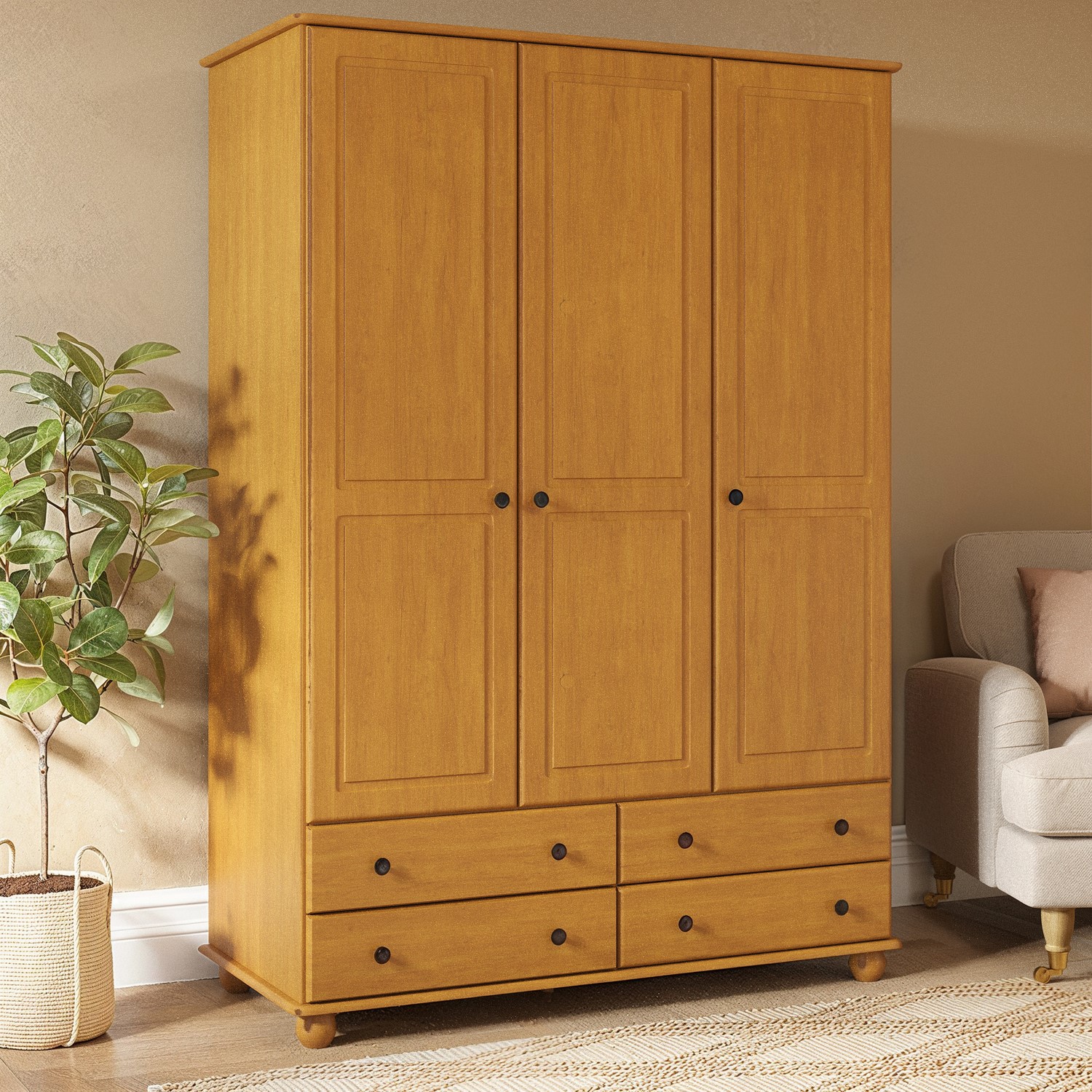 Pine 3-Door Triple Wardrobe with Drawers...