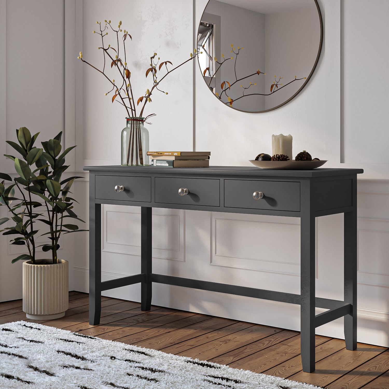 Grey Dressing Table 3 Drawer Solid Wood Modern Bedroom Vanity Console Ebay