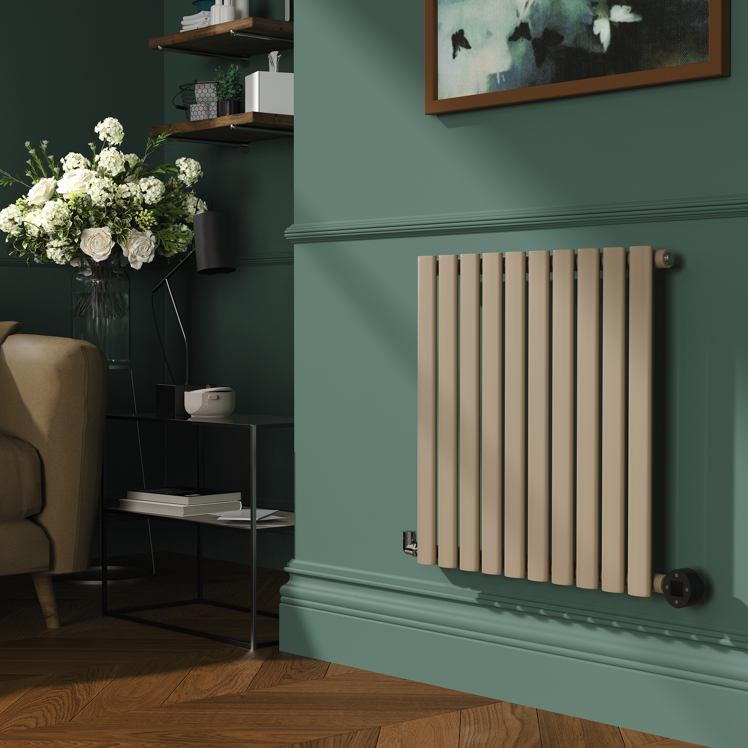 Beige Horizontal Smart Electric Radiator Wi Fi Thermostat 1.2KW H600xW590 Bathroom Safe