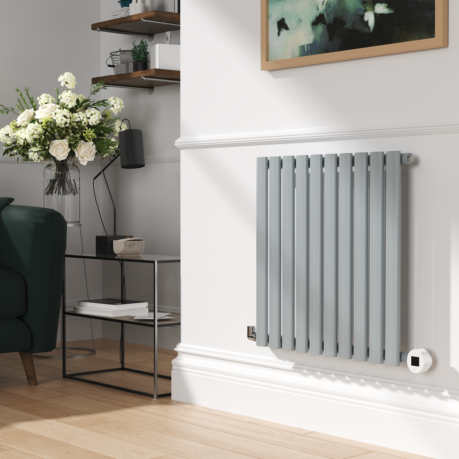 Electriq Salt & Pepper Horizontal Smart Electric Radiator With Wi-Fi Thermostat 1.2Kw H600xw590 Bathroom Safe HS10-600-0.6SPW