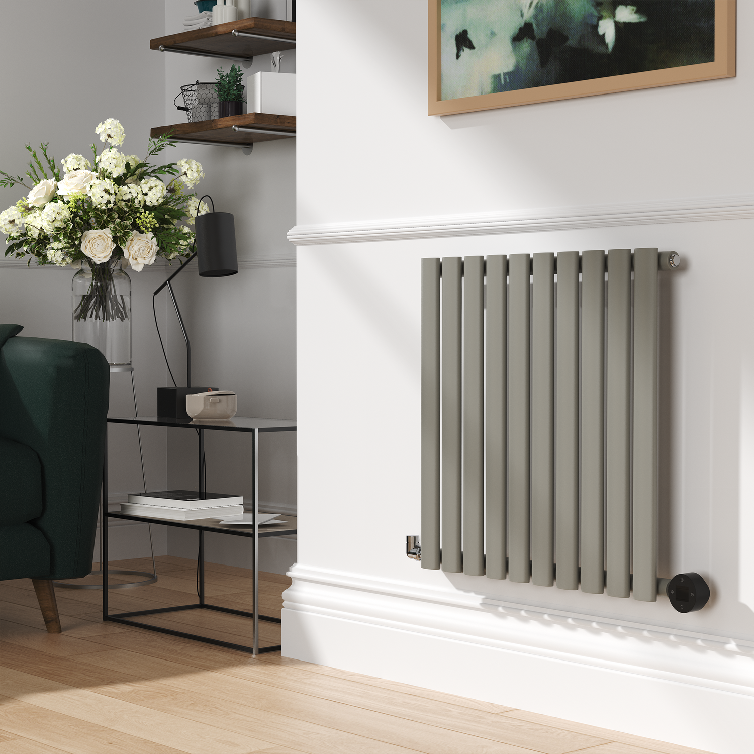Electriq Smoked Stone Horizontal Smart Electric Radiator With Wi-Fi Thermostat 1.2Kw H600xw590 Bathroom Safe HS10-600-0.6SSW