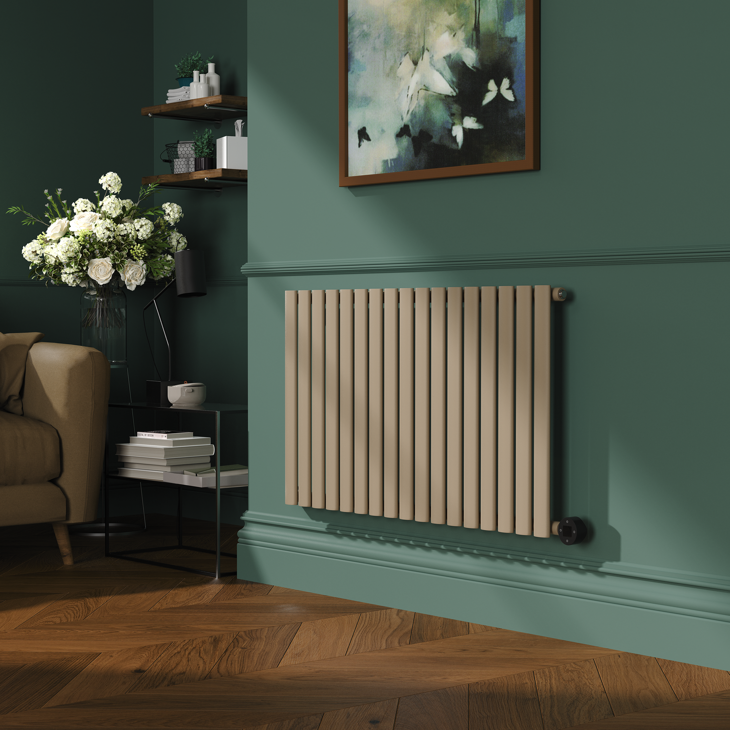 Beige Horizontal Smart Electric Radiator Wi Fi Thermostat 1.2KW H600xW1000 Bathroom Safe