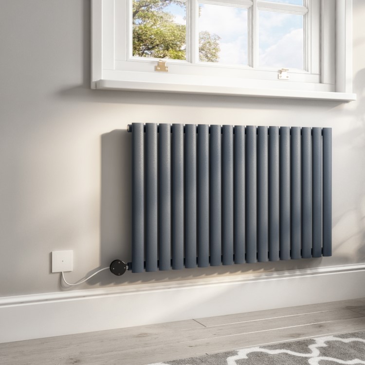 GRADE A1 - Anthracite Electric Horizontal Designer Radiator 1.2kW with Wifi Thermostat - H600xW1003mm - IPX4 Bathroom Safe