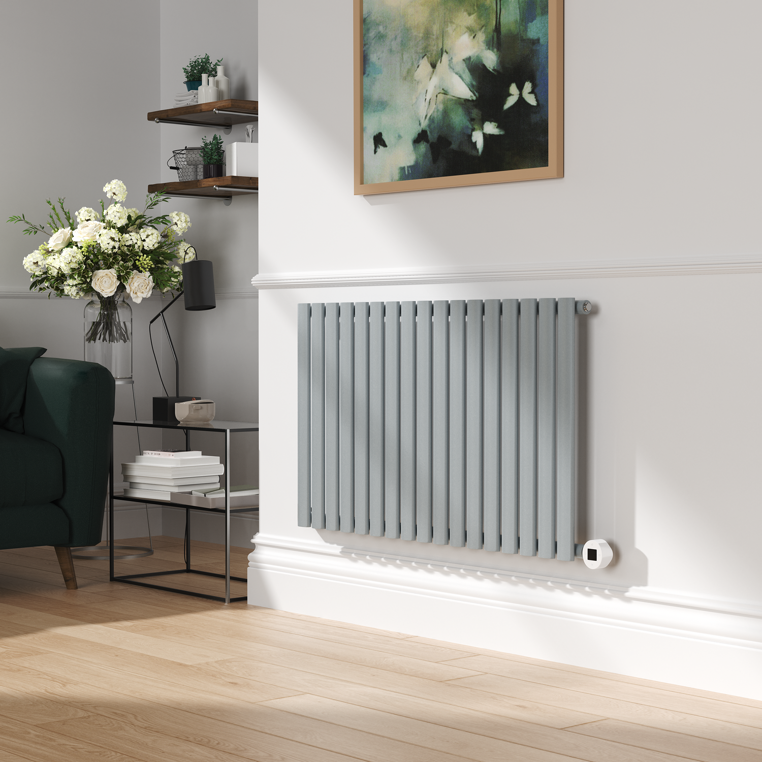 Electriq Salt & Pepper Horizontal Smart Electric Radiator With Wi-Fi Thermostat 1.2Kw H600xw1000 Bathroom Safe HS17-600-1.2SPW