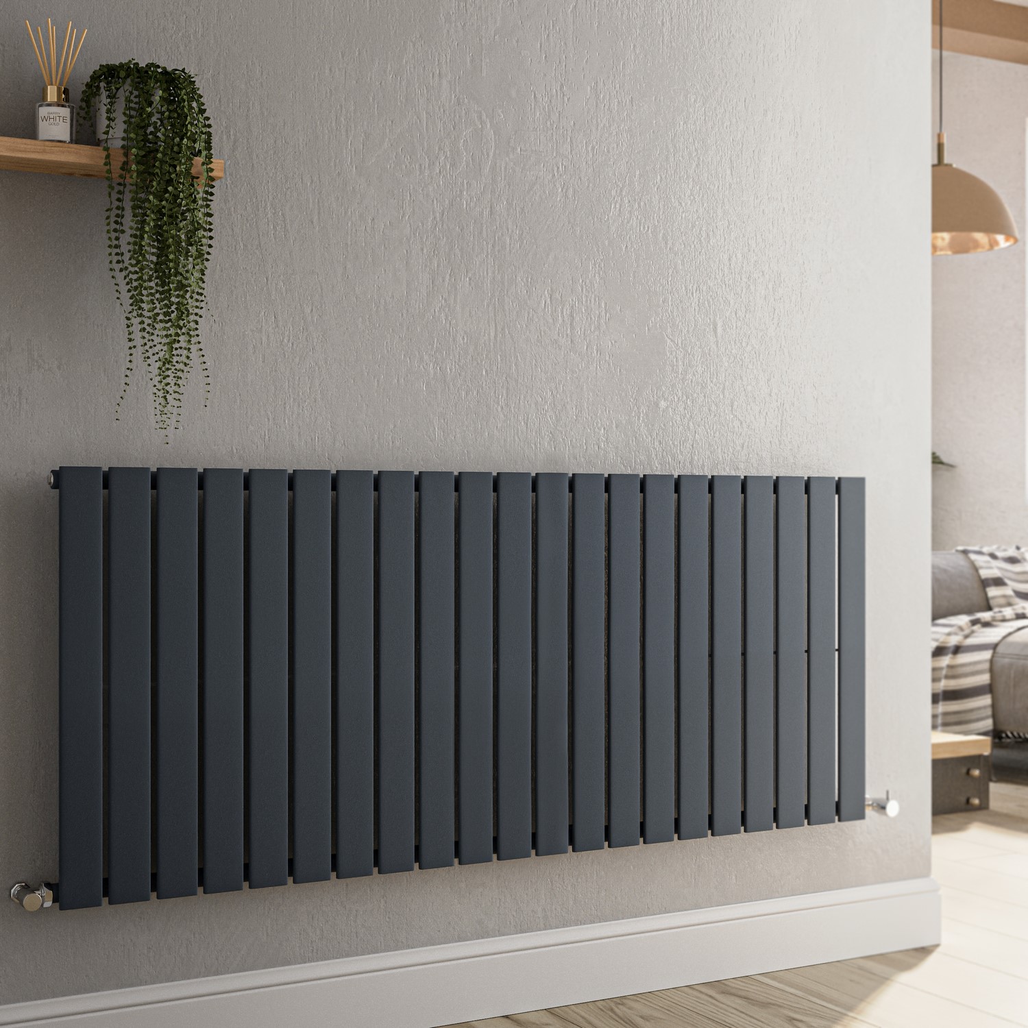 Riace  Horizontal Flat Designer Radiator 600X1428mm Single Panel 3337 Btu HS21-600-DGCF