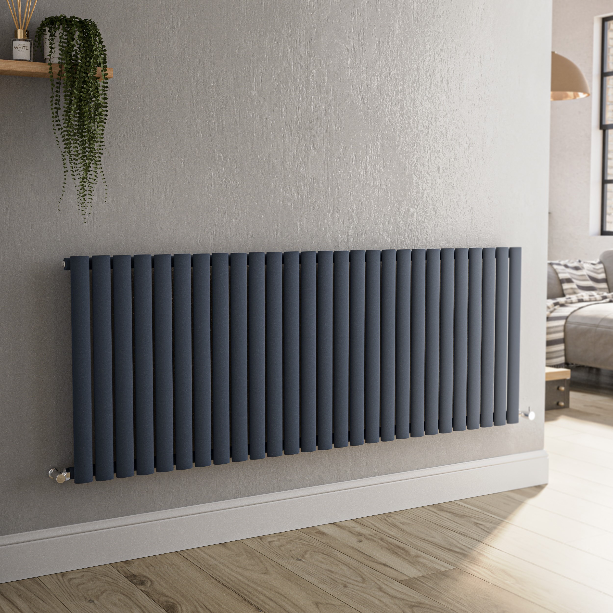 Sorrento Grey Anthracite Horizontal Oval Designer Radiator 600X1593mm Single Panel 4255 Btu Size 159.3
