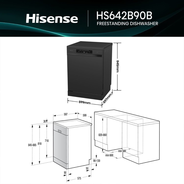 Hisense Hi4 Freestanding Dishwasher - Auto dry B-Rated Black