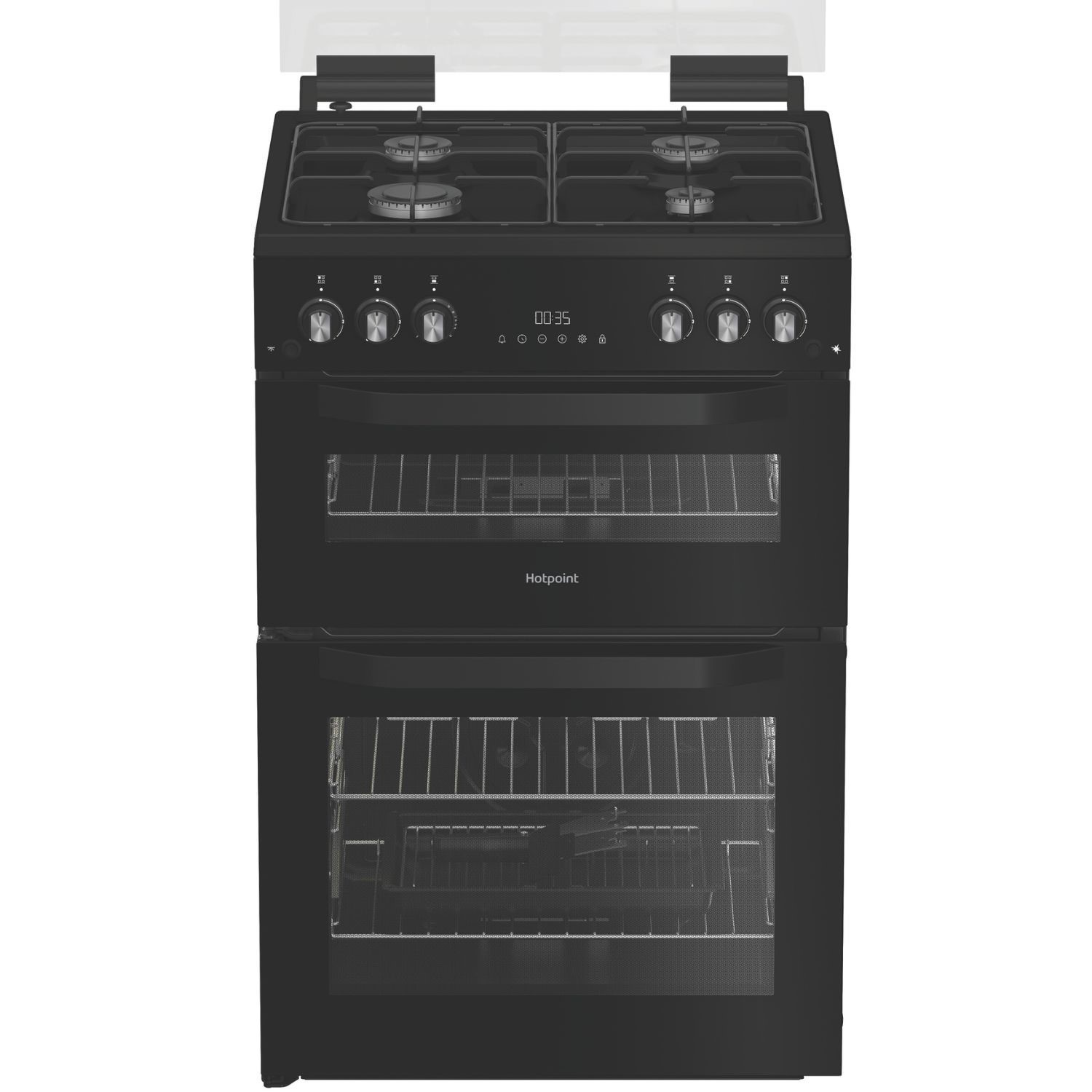 Hotpoint HTG6GDCB 60cm Twin Cavity Gas Cooker with Glass Lid in Black