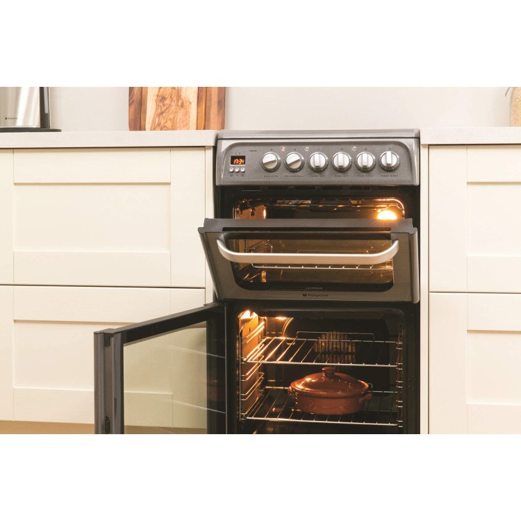 GRADE A2 - Hotpoint HUE52GS 50cm Double Oven Electric Cooker With Ceramic Hob - Graphite