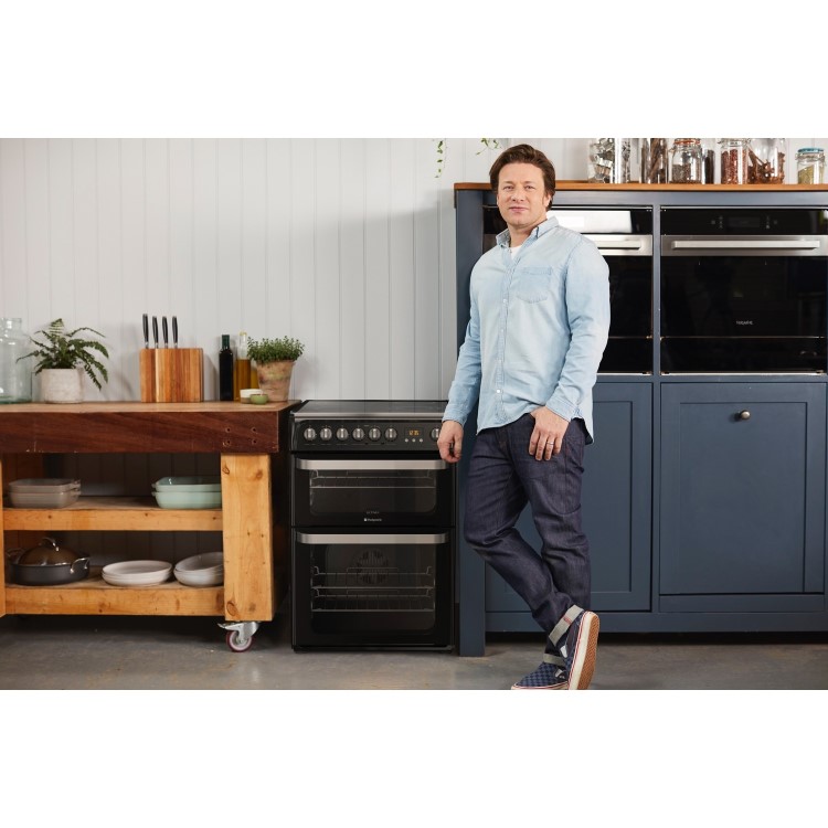 GRADE A2 - Hotpoint HUE61K Ultima 60cm Double Oven Electric Cooker with Ceramic Hob - Black