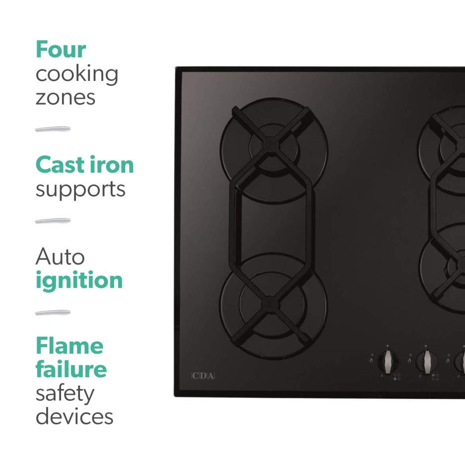 CDA HVG620BL 60cm Four Burner Gasonglass Hob Black Appliances Direct