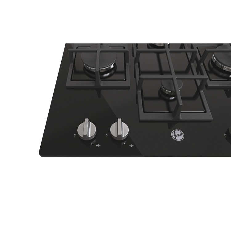 Refurbished Hoover HVG6DK3B H-HOB 300 60cm 4 Burner Gas Hob With Cast Iron Pan Stands Black Glass