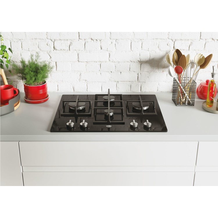 Refurbished Hoover HVG6DK3B H-HOB 300 60cm 4 Burner Gas Hob With Cast Iron Pan Stands Black Glass