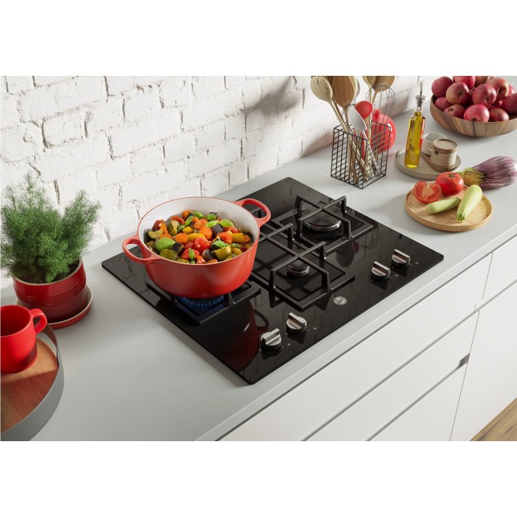 Refurbished Hoover HVG6DK3B H-HOB 300 60cm 4 Burner Gas Hob With Cast Iron Pan Stands Black Glass