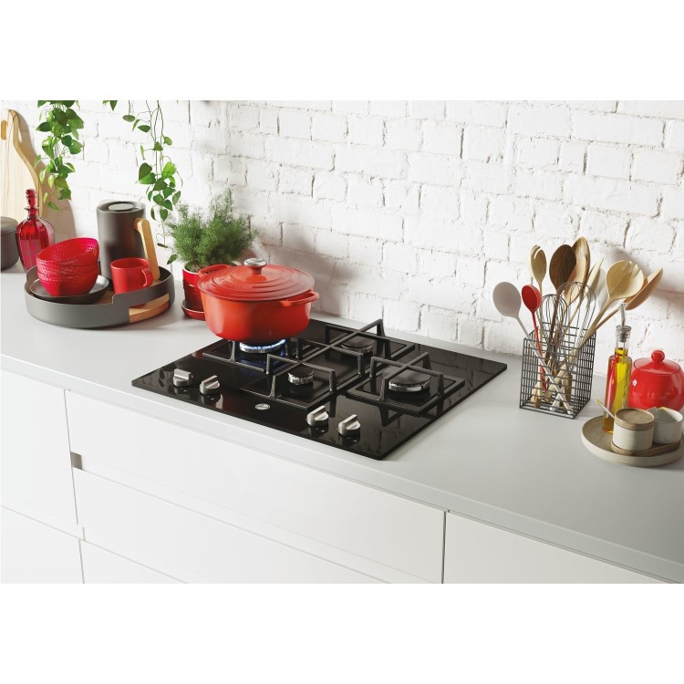 Refurbished Hoover HVG6DK3B H-HOB 300 60cm 4 Burner Gas Hob With Cast Iron Pan Stands Black Glass