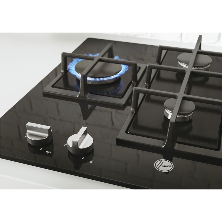 Refurbished Hoover HVG6DK3B H-HOB 300 60cm 4 Burner Gas Hob With Cast Iron Pan Stands Black Glass