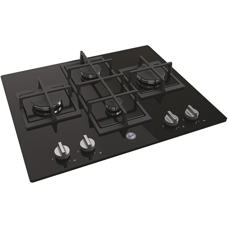 Refurbished Hoover HVG6DK3B H-HOB 300 60cm 4 Burner Gas Hob With Cast Iron Pan Stands Black Glass