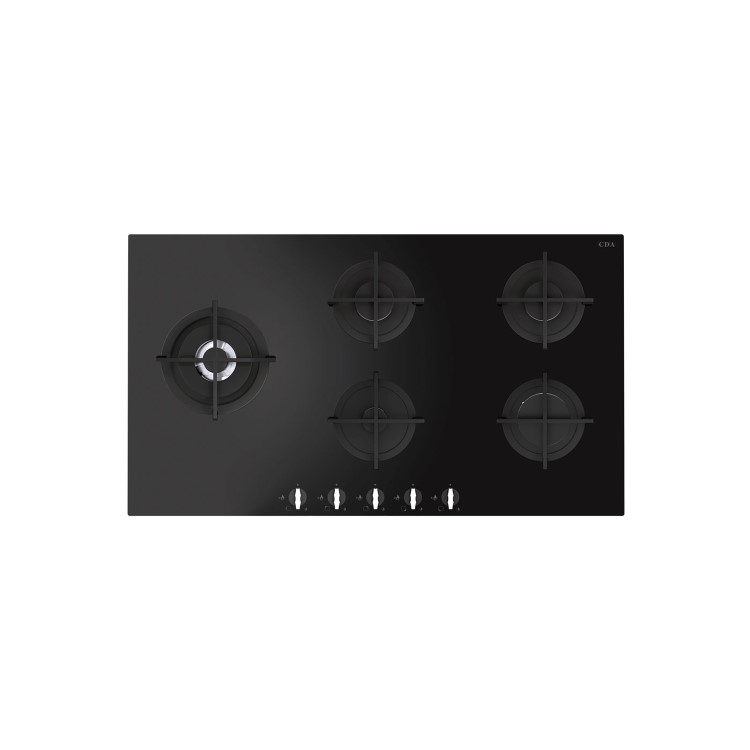 CDA HVG97BL 87cm Wide Five Burner Gas-on-glass Hob With Cast Iron Pan Stands - Black