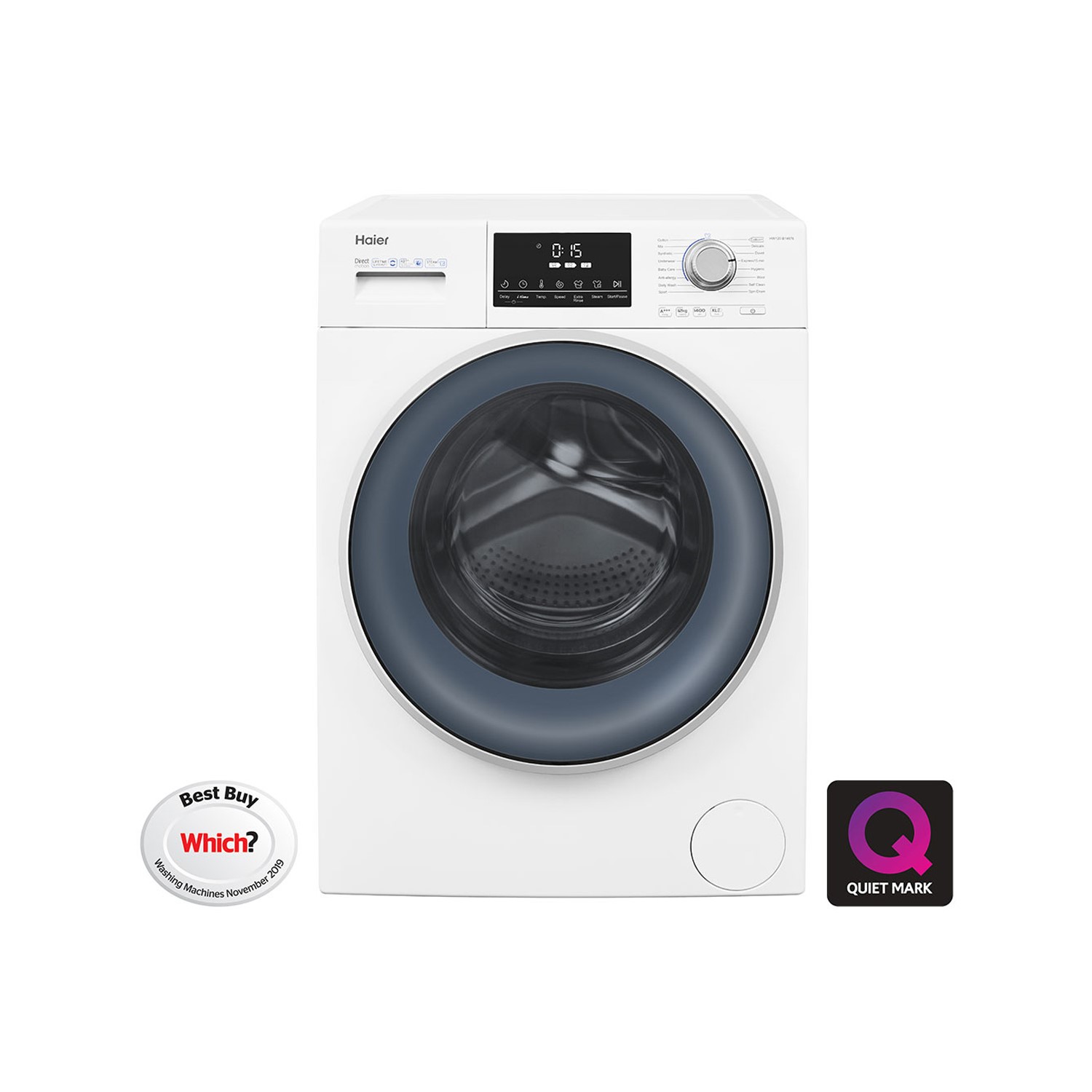 Refurbished Haier HW120-B14876 Freestanding 12KG 1400 Spin Washing Machine With Steam & Quiet Direct