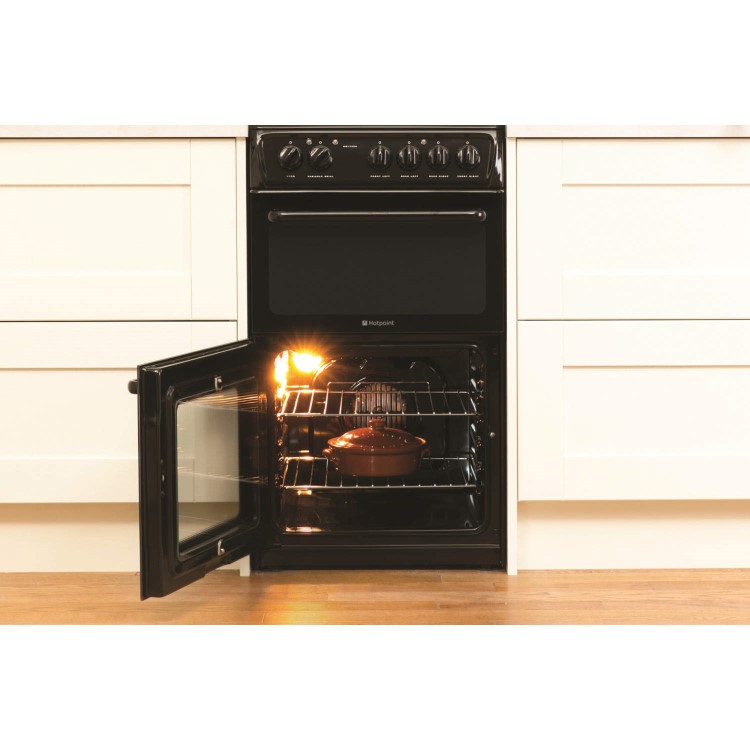 Hotpoint HW170EKS 50cm Wide Double Cavity Black Electric Cooker With Solid Plate Hob