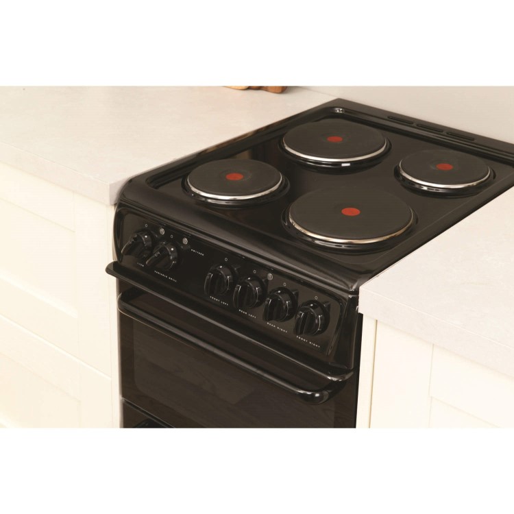 Hotpoint HW170EKS 50cm Wide Double Cavity Black Electric Cooker With Solid Plate Hob
