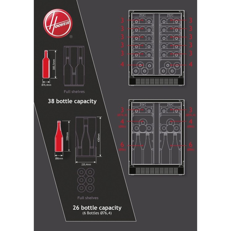 Hoover 38 Bottle Capacity Dual Zone 60cm Freestanding Wine Cooler - Stainless Steel
