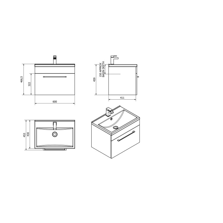 White Wall Hung Bathroom Vanity Unit - Without Basin - W600mm