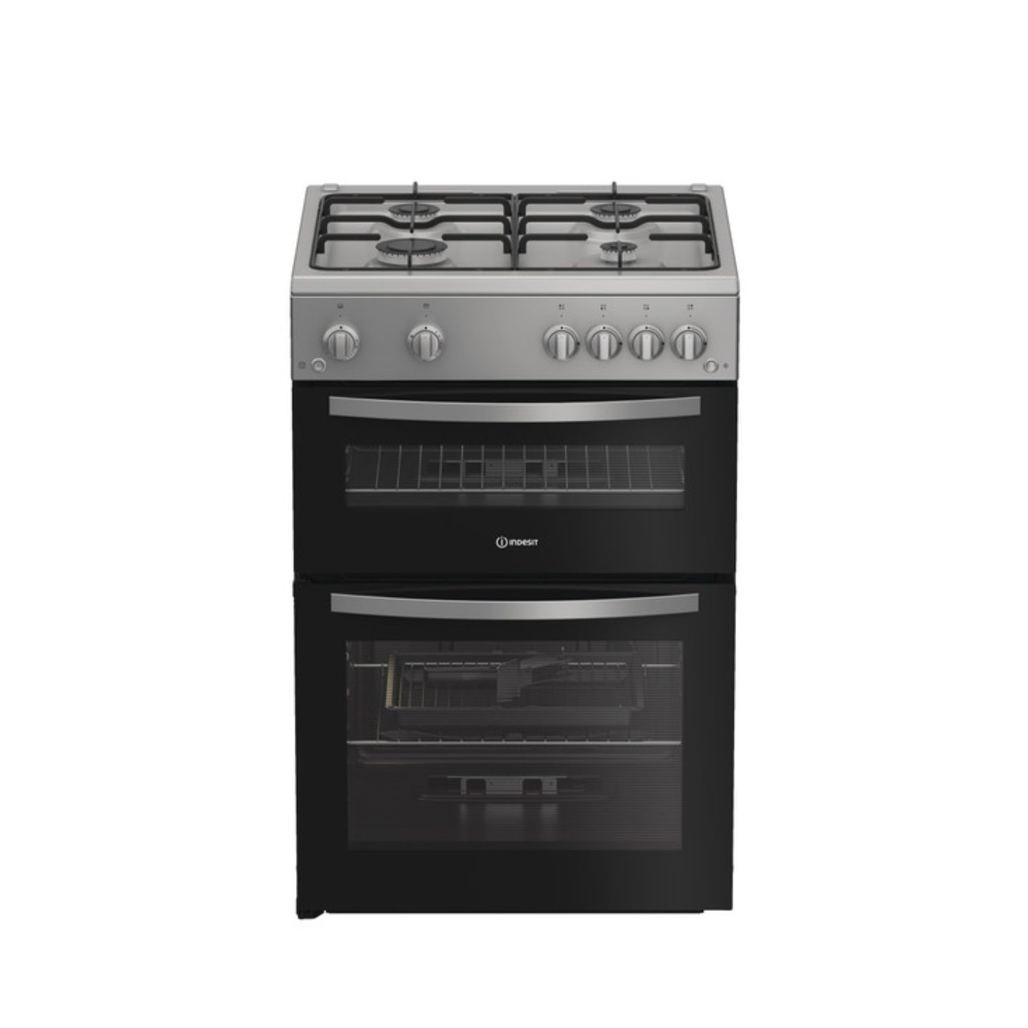 Indesit IDG6GS 60cm Double Oven Gas Cooker in Silver 4 Gas Burners 72L
