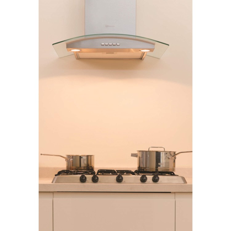 Indesit IHC65AMIX 60cm Chimney Cooker Hood In Stainless Steel With Curved Glass Canopy