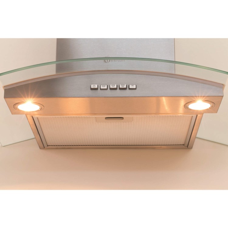 Indesit IHC65AMIX 60cm Chimney Cooker Hood In Stainless Steel With Curved Glass Canopy