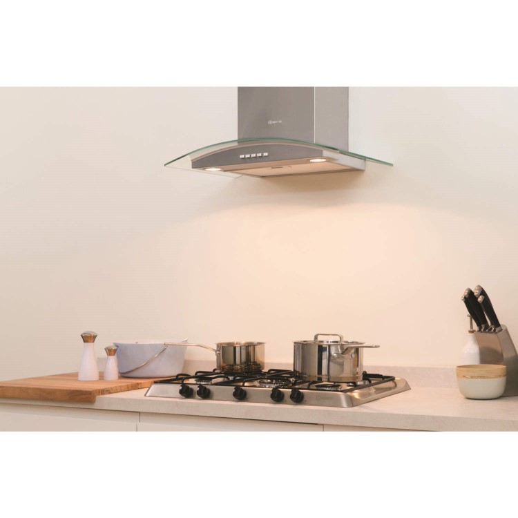Indesit IHC65AMIX 60cm Chimney Cooker Hood In Stainless Steel With Curved Glass Canopy