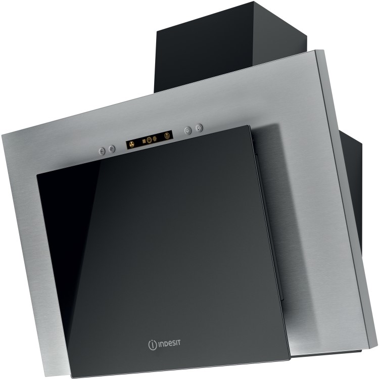 Indesit Aria 60cm Angled Chimney Cooker Hood - Stainless Steel and Black Glass