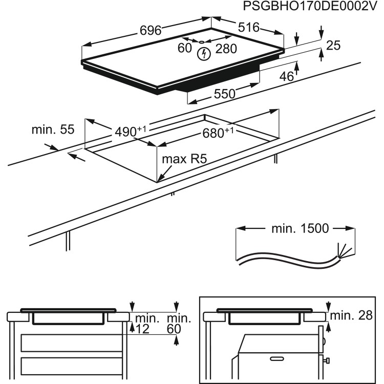 AEG IKE74451XB 70cm Four Zone Induction Hob With 2 Bridge Zones - Black With Bevelled Edges