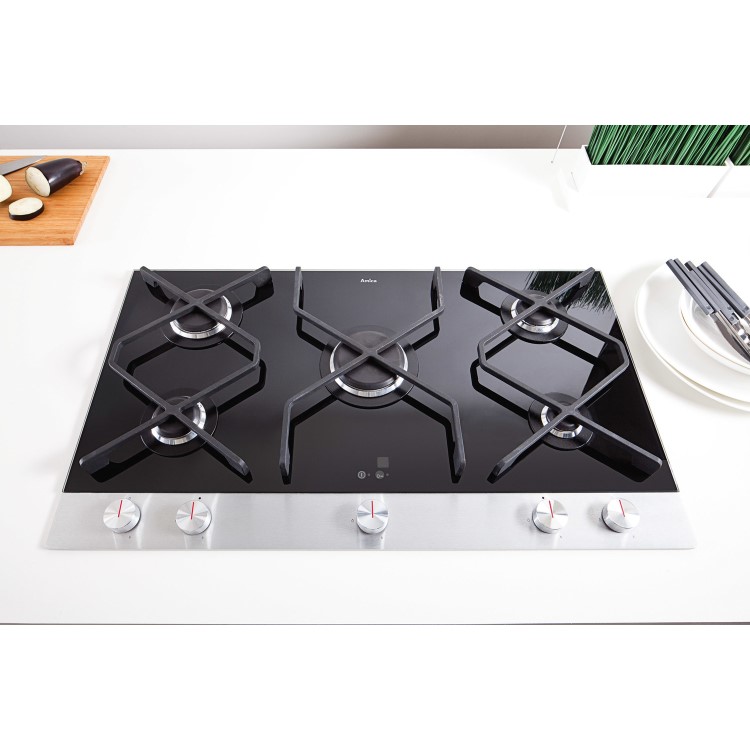 Amica INPGCZ9610B 89cm Five Burner Gas-on-Glass Hob - Stainless Steel and Black Glass