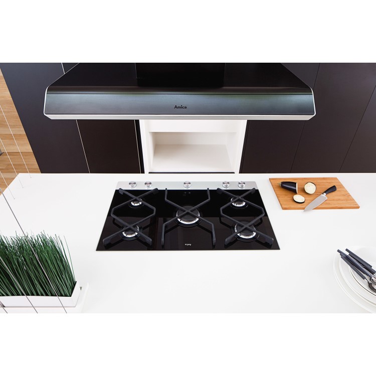 Amica INPGCZ9610B 89cm Five Burner Gas-on-Glass Hob - Stainless Steel and Black Glass