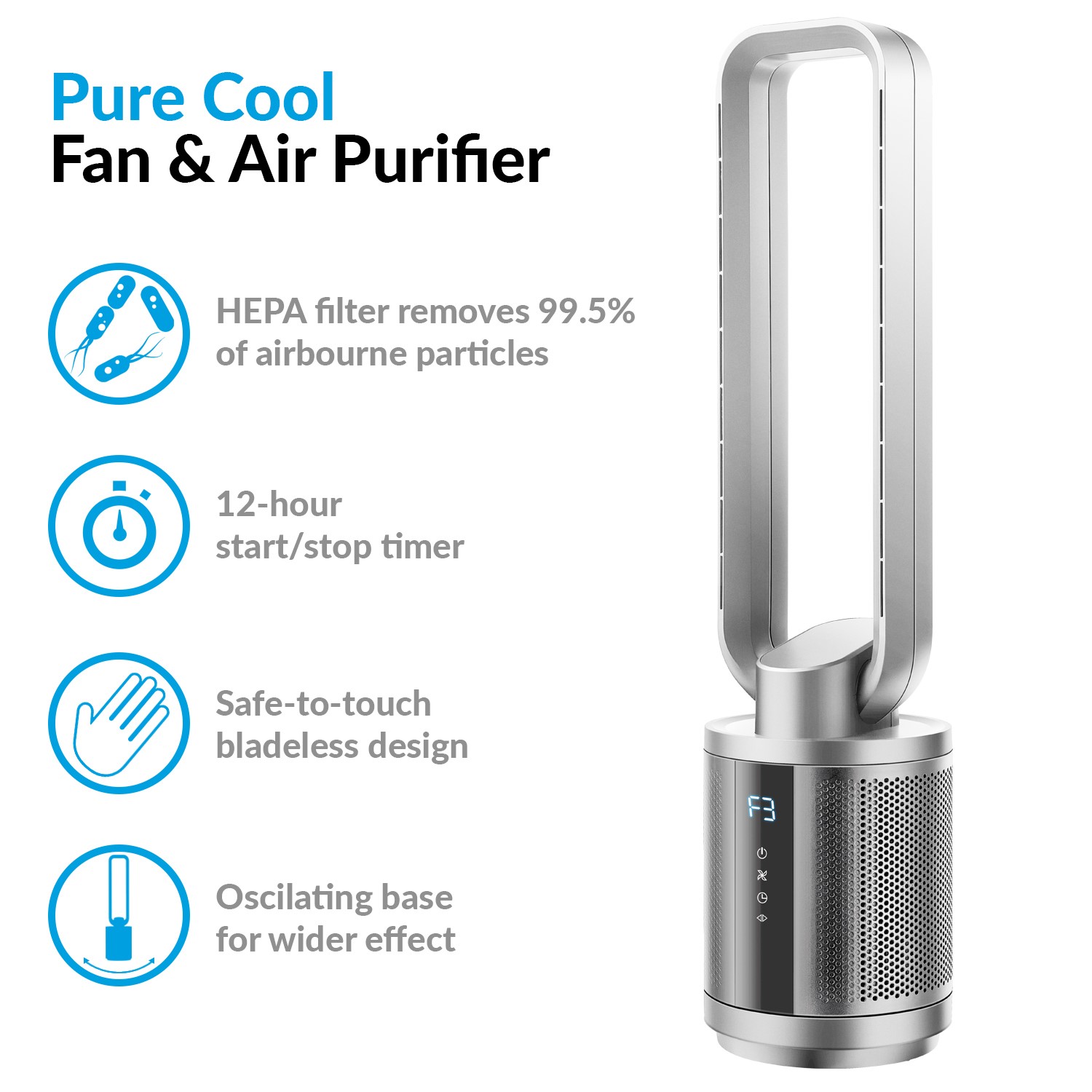 Quiet Dual Hepa Air Purifier And Pure Cool Dc Fan With Remote Control For Rooms Up To 35 Sqm Silver Iq Purecools Appliances Direct Quiet Dual Hepa Air Purifier And Pure Cool Dc Fan With Remote Control For Rooms Up To 35 Sqm Silver Iq Purecools Appliances Direct