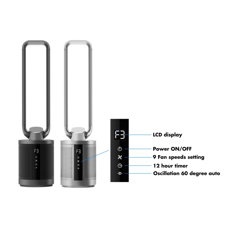 38 inch Quiet Pure Cool Bladeless HEPA Purifying Tower Fan with Remote Control Timer and Oscillation - Silver