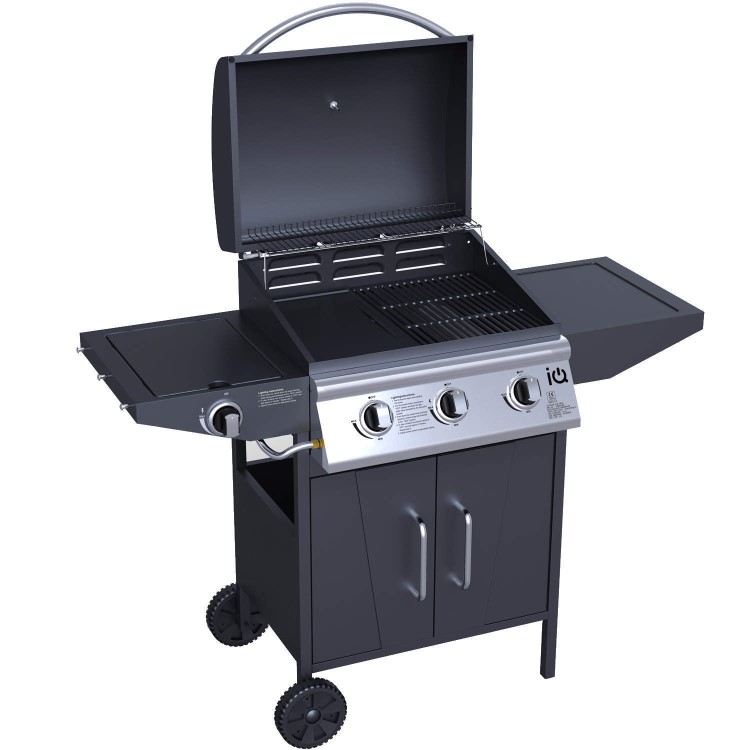 GRADE A3 - Heavy cosmetic damage - iQ 3 Burner Gas BBQ with Side Burner. Free Accessory Pack Includes BBQ Cover and Utensil Set