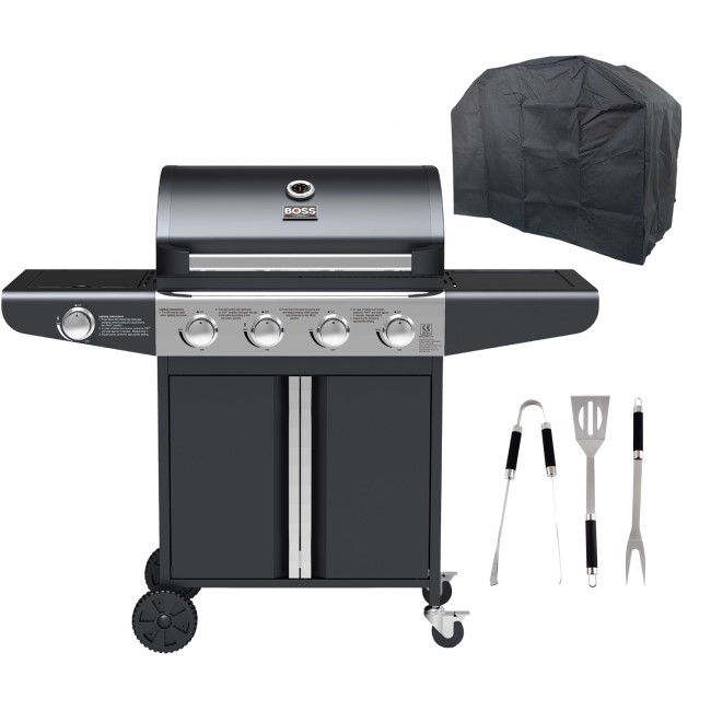 Boss Grill IQBBQ4BBLEN Kentucky Premium - 4 Burner Gas BBQ Grill with Side Burner - Black    