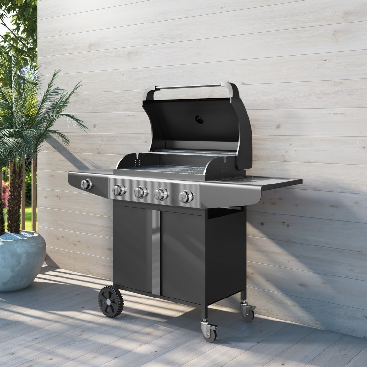 GRADE A2 - The Kentucky Premium 4 Burner Black Gas BBQ - Includes BBQ Cover and Utensils Set