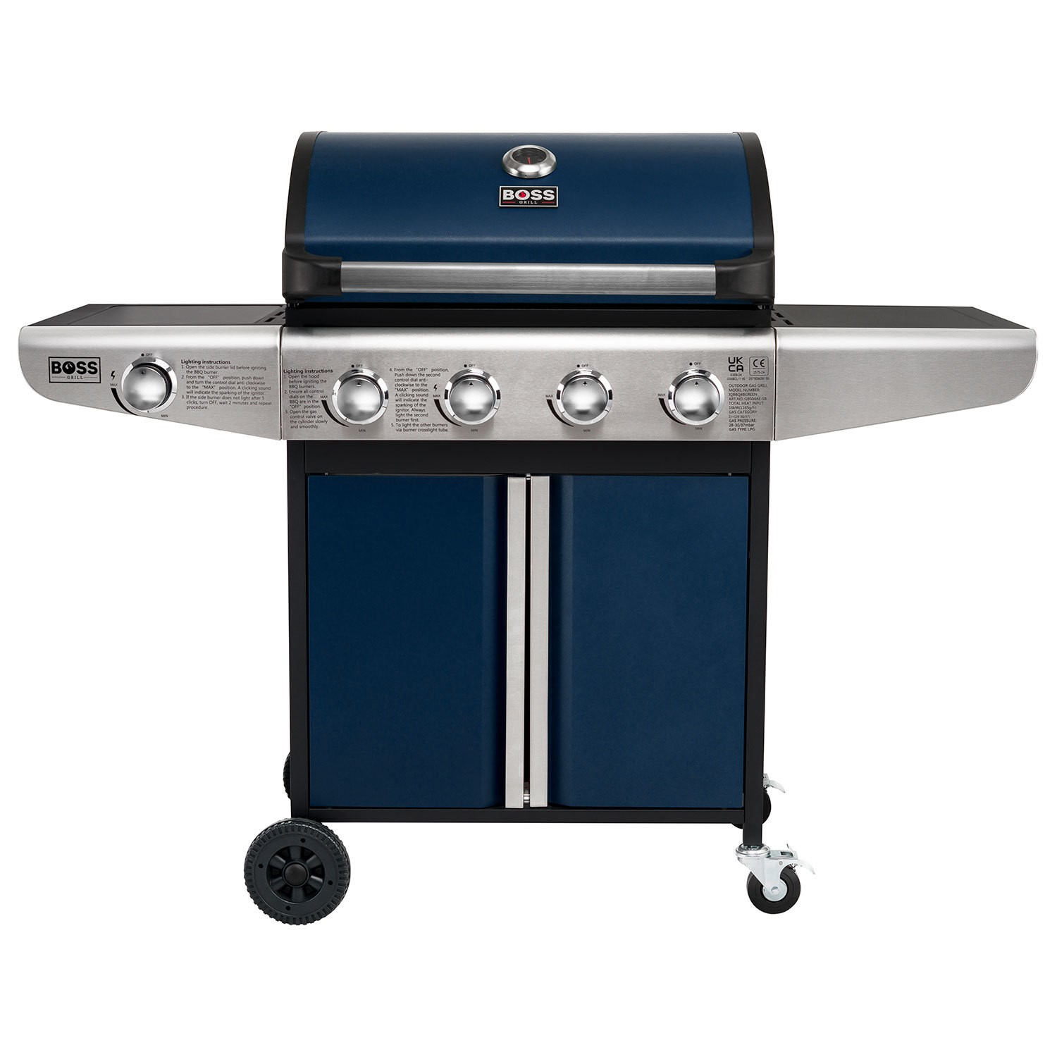 Boss Grill Kentucky Premium – 4 Burner Gas BBQ Grill with Side Burner – Blue