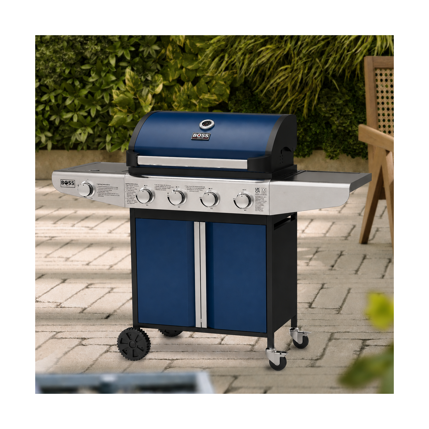 Boss Grill Kentucky Premium – 4 Burner Gas BBQ Grill with Side Burner – Blue