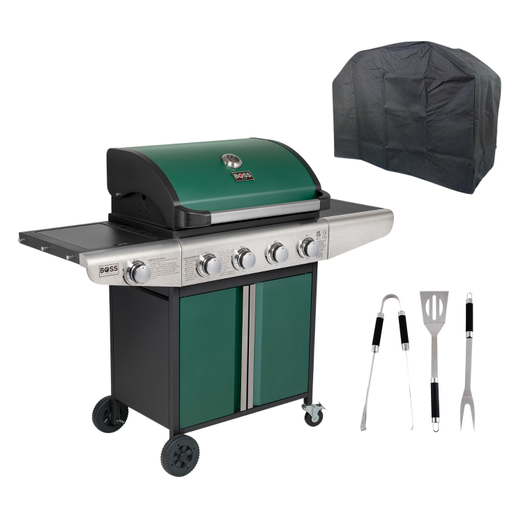 Boss Grill Kentucky Premium - 4 Burner Gas BBQ Grill with Side Burner - Green