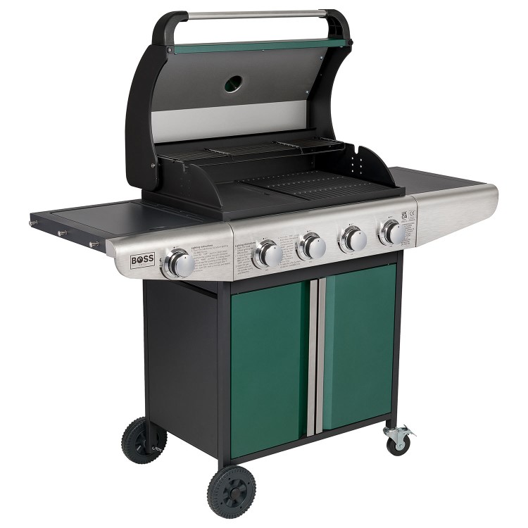 Boss Grill Kentucky Premium - 4 Burner Gas BBQ Grill with Side Burner - Green