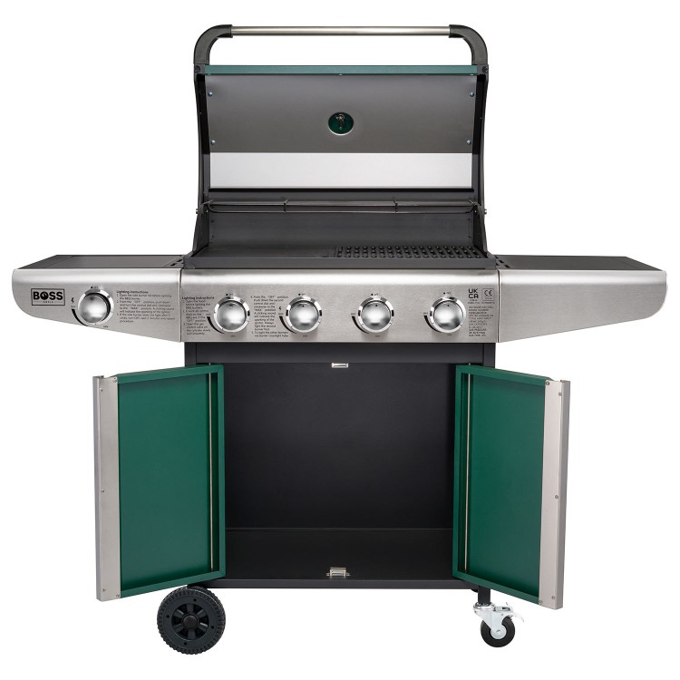 Boss Grill Kentucky Premium - 4 Burner Gas BBQ Grill with Side Burner - Green