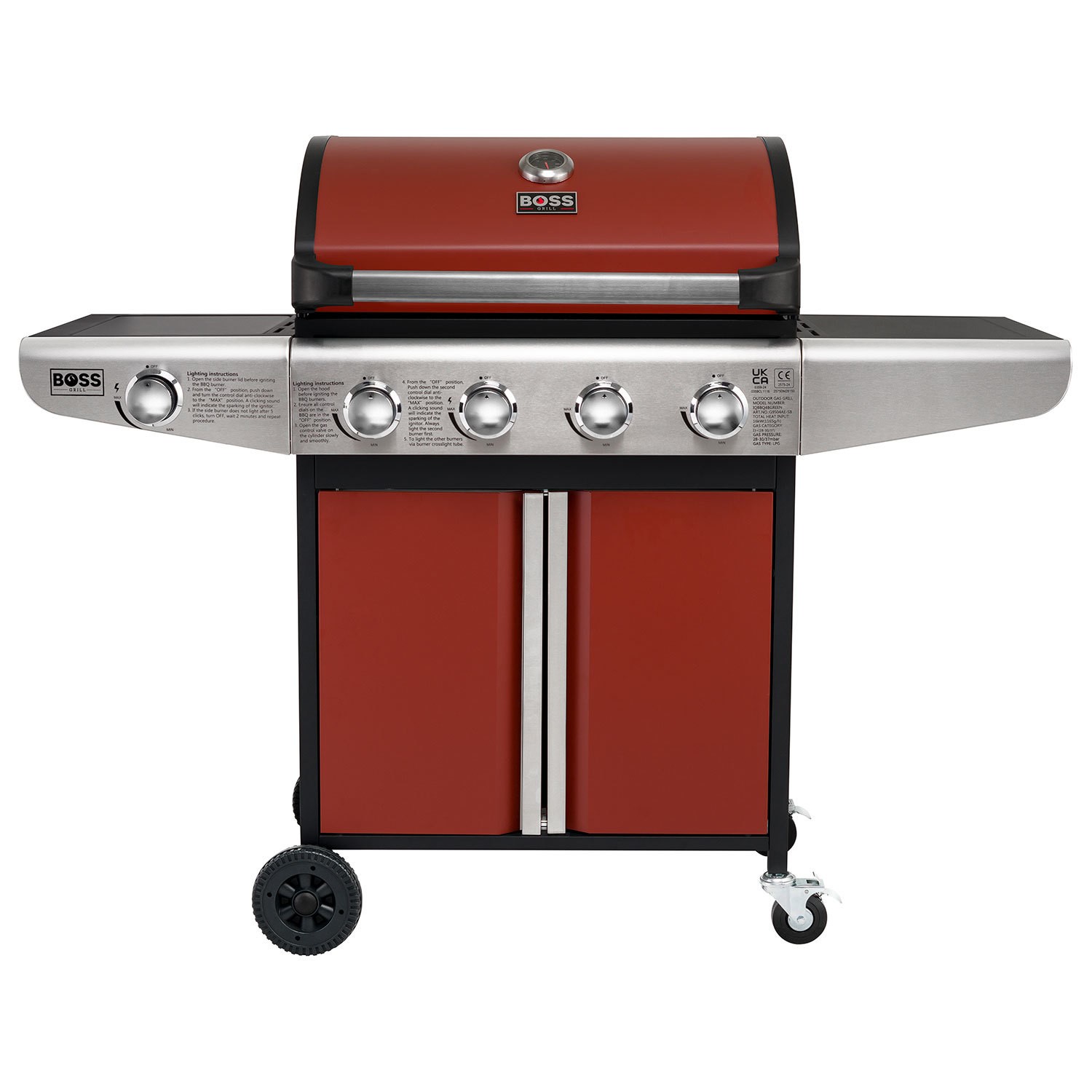 Boss Grill Kentucky Premium – 4 Burner Gas BBQ Grill with Side Burner – Red
