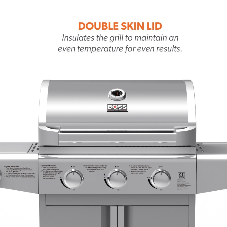 GRADE A2 - Boss Grill Kentucky Premium 4 Burner Gas BBQ - Silver stainless steel